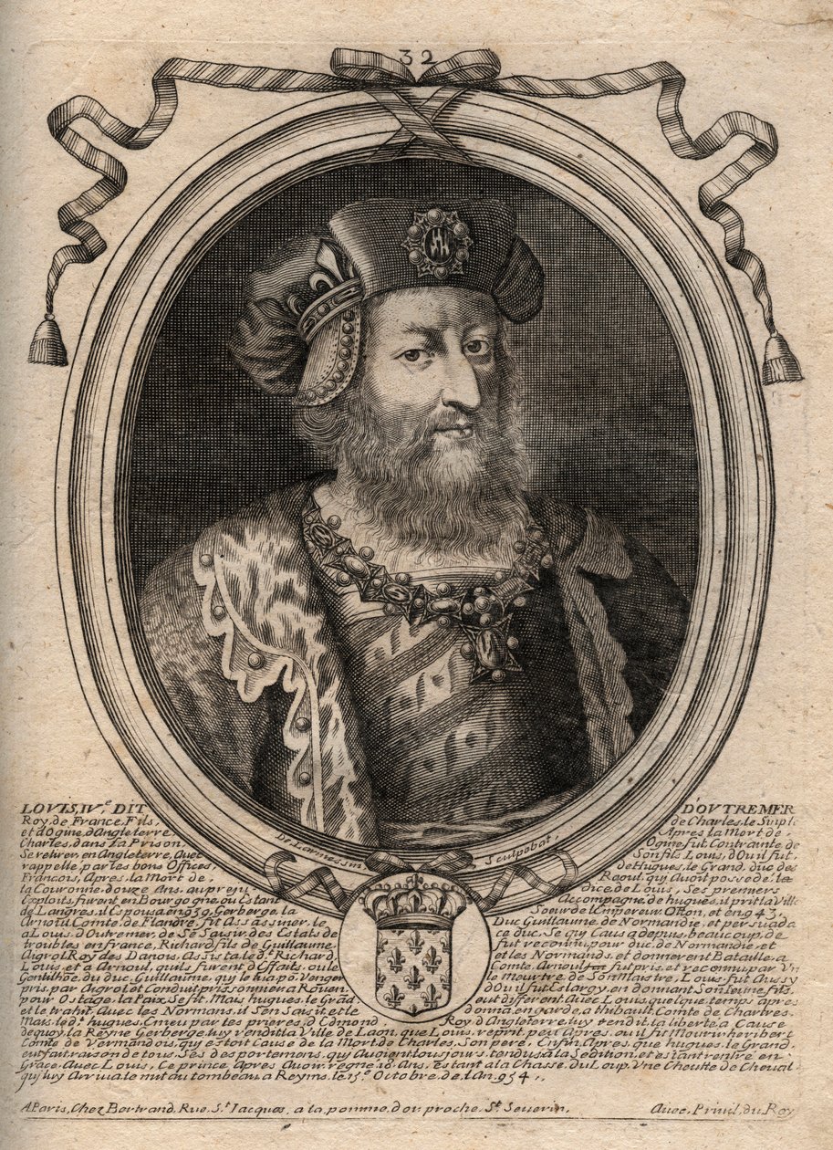 Retrato de Luis IV de Ultramar (921-954), Rey de Francia - grabado de 