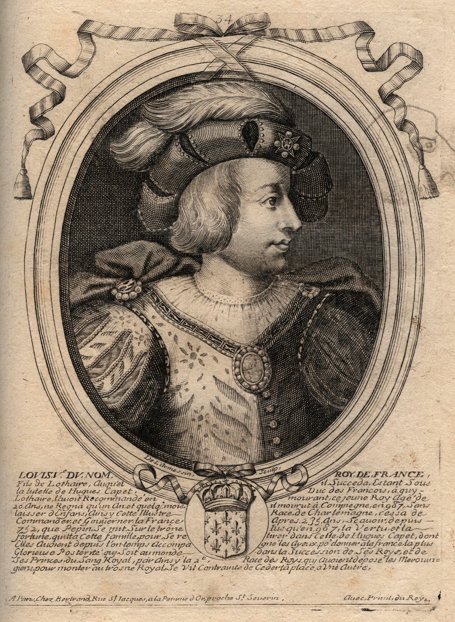 Retrato de Luis V el Holgazán (967 - 987), Rey de Francia - Luis V el Indolente (967-987) grabado de 