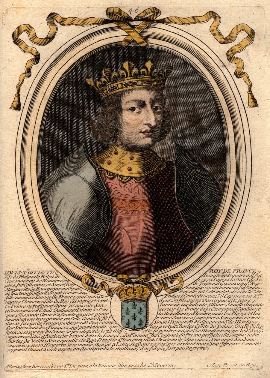 Retrato de Luis X el Obstinado (1289-1316), Rey de Francia - Luis X (1289-1316) el Obstinado, Rey de Francia y Navarra - grabado de 