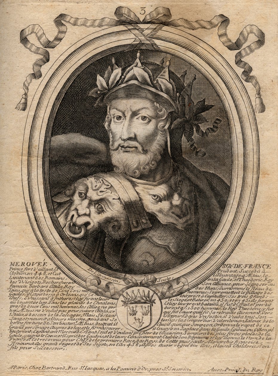 Retrato de Meroveo o Merovech, primer rey de la dinastía merovingia - grabado de 