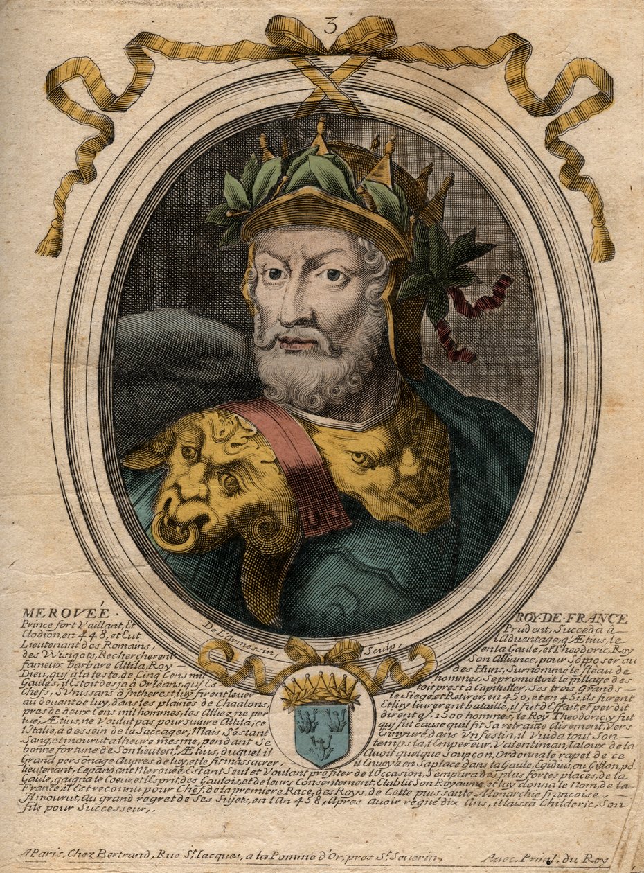 Retrato de Meroveo o Merovech, rey franco (v448-v458), primer rey de la raza merovingia - Retrato de Merovech (Meroveus) (d456) Rey de los Francos Salios - grabado de 