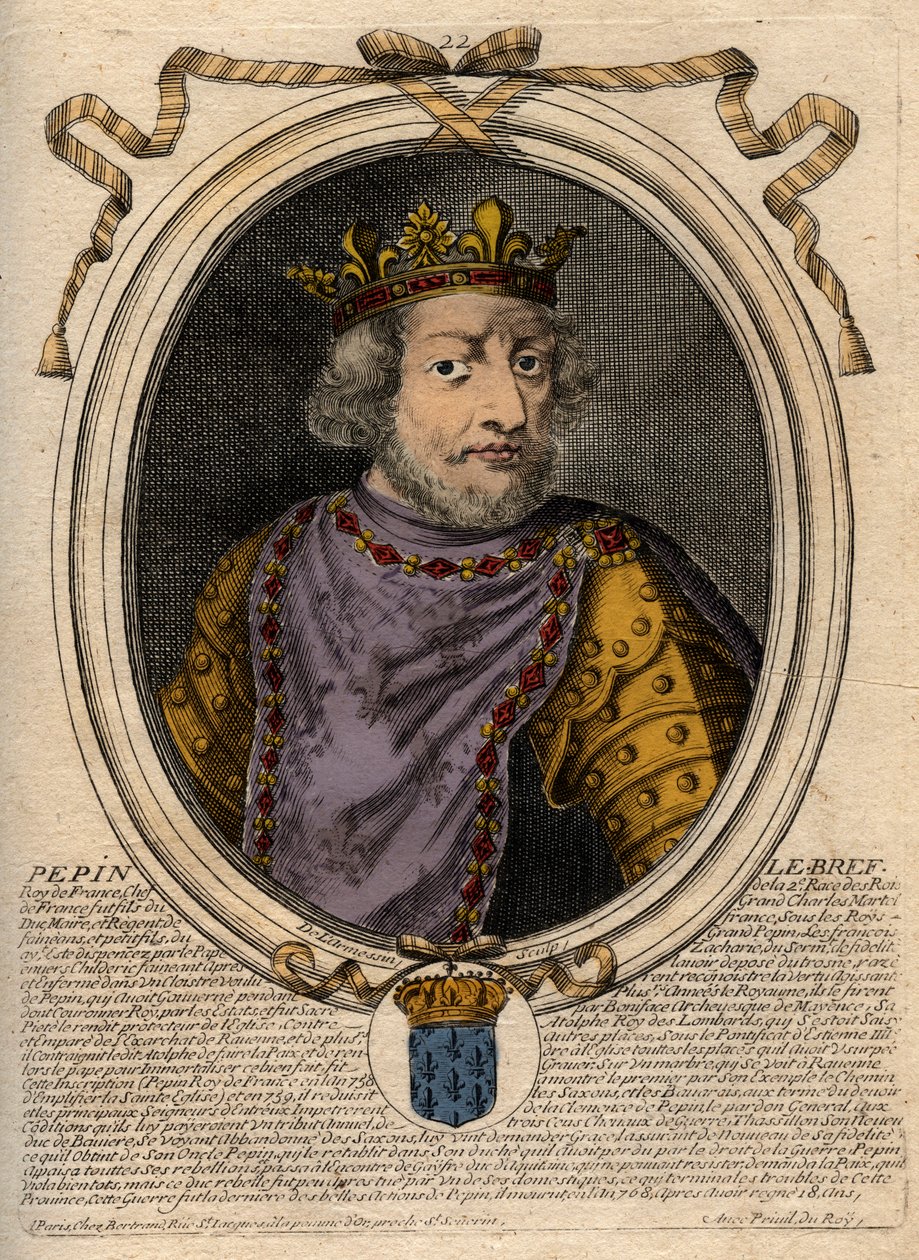 Retrato de Pepino III llamado Pepino el Breve (714-768) rey de Francia - Pepino III (714-768) (Pepino el Breve) Rey de los Francos - grabado de 