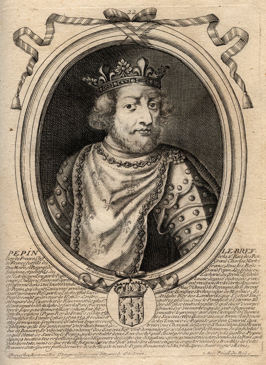 Retrato de Pepino III llamado Pepino el Breve (714-768) rey de Francia - Pepino III (714-68) (Pepino el Breve) rey de los francos - grabado de 