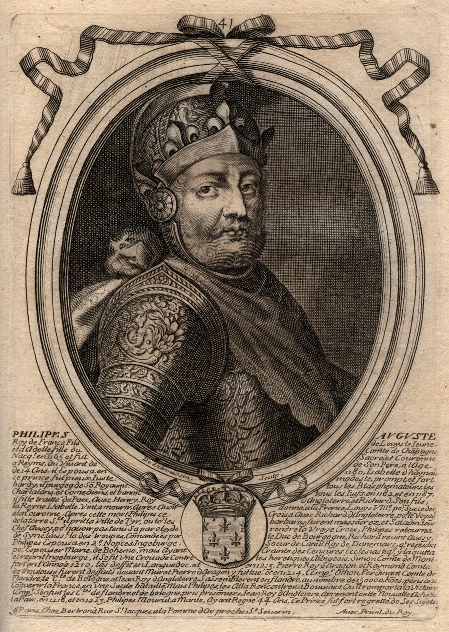 Retrato de Felipe II llamado Felipe Augusto (1165-1223) - Felipe Augusto II (1165-1223) Rey de Francia - grabado de 