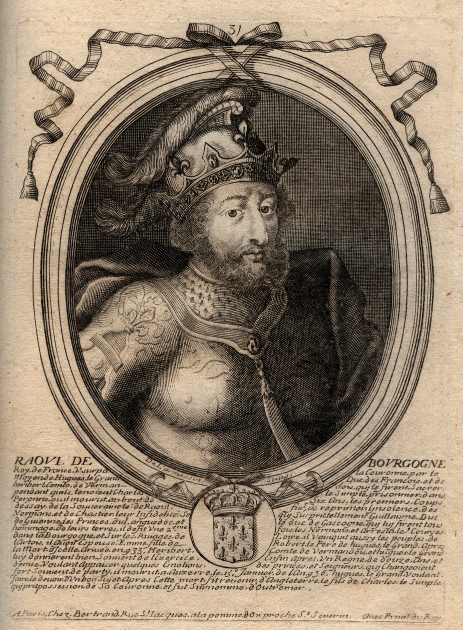 Retrato de Raúl de Francia (o Rodolfo, c. 890-936) rey de los francos - Rodolfo (Raúl, Rodolfo) de Borgoña, rey de Francia (923-936) - grabado de 
