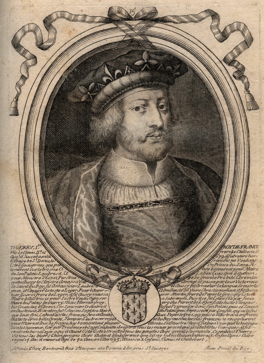 Retrato de Thierry III (ca. 657-691), rey de los francos de Neustria (673-675) y rey de todos los francos (679-691) En el libro está escrito “Thierry I” pero es un error - Teuderico III (Theuderich, Theoderic, Teodorico), rey de Neustria (673-675) y rey de de de Larmessin