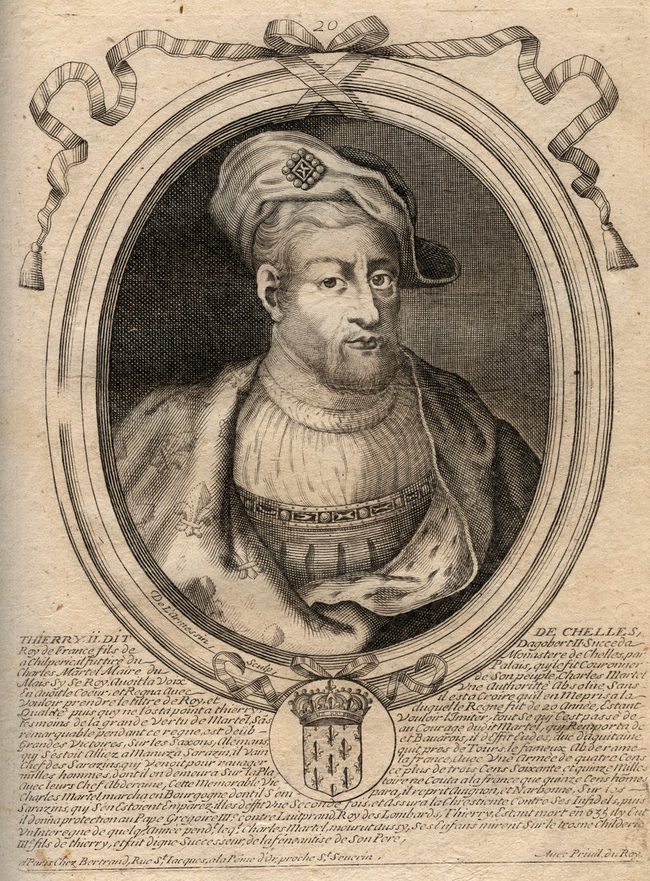 Retrato de Thierry IV (713-737) rey de los francos de 721 a 737 - Thierry IV (Teodorico) rey de los francos - grabado de 