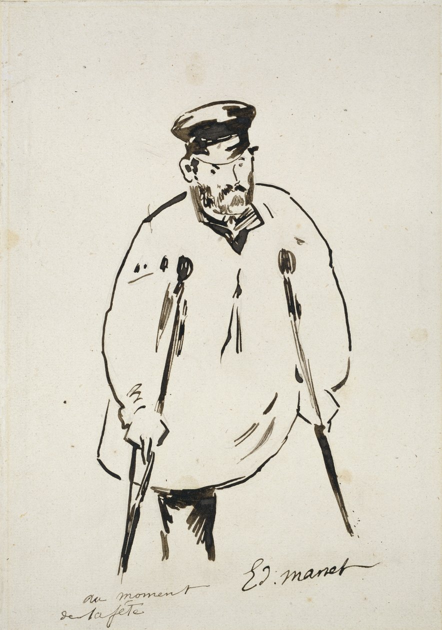 Hombre con muletas (grafito con pluma de caña y tinta negra sobre papel blanco de textura fina) de Édouard Manet