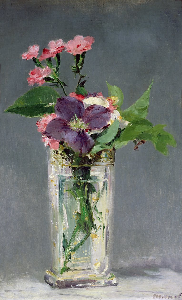 Claveles y clemátides en un jarrón de cristal de Édouard Manet