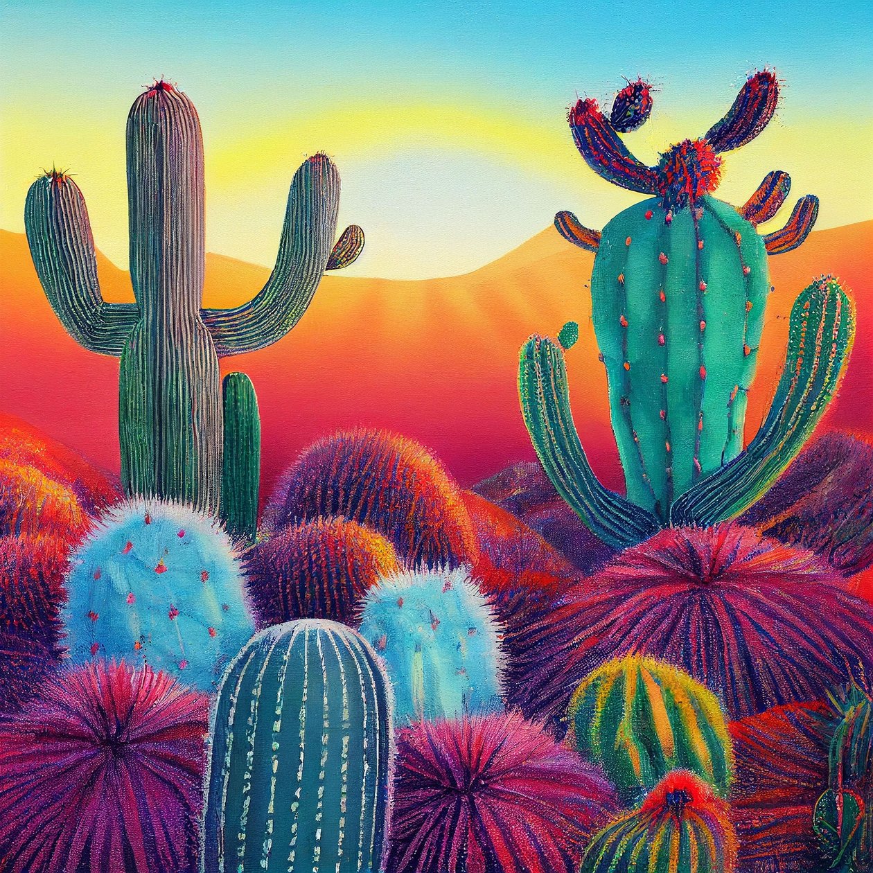 Una pintura vibrante: Puesta de sol en las mesetas de cactus, Wall Art | Impresiones en lienzo de F. Abderrahim