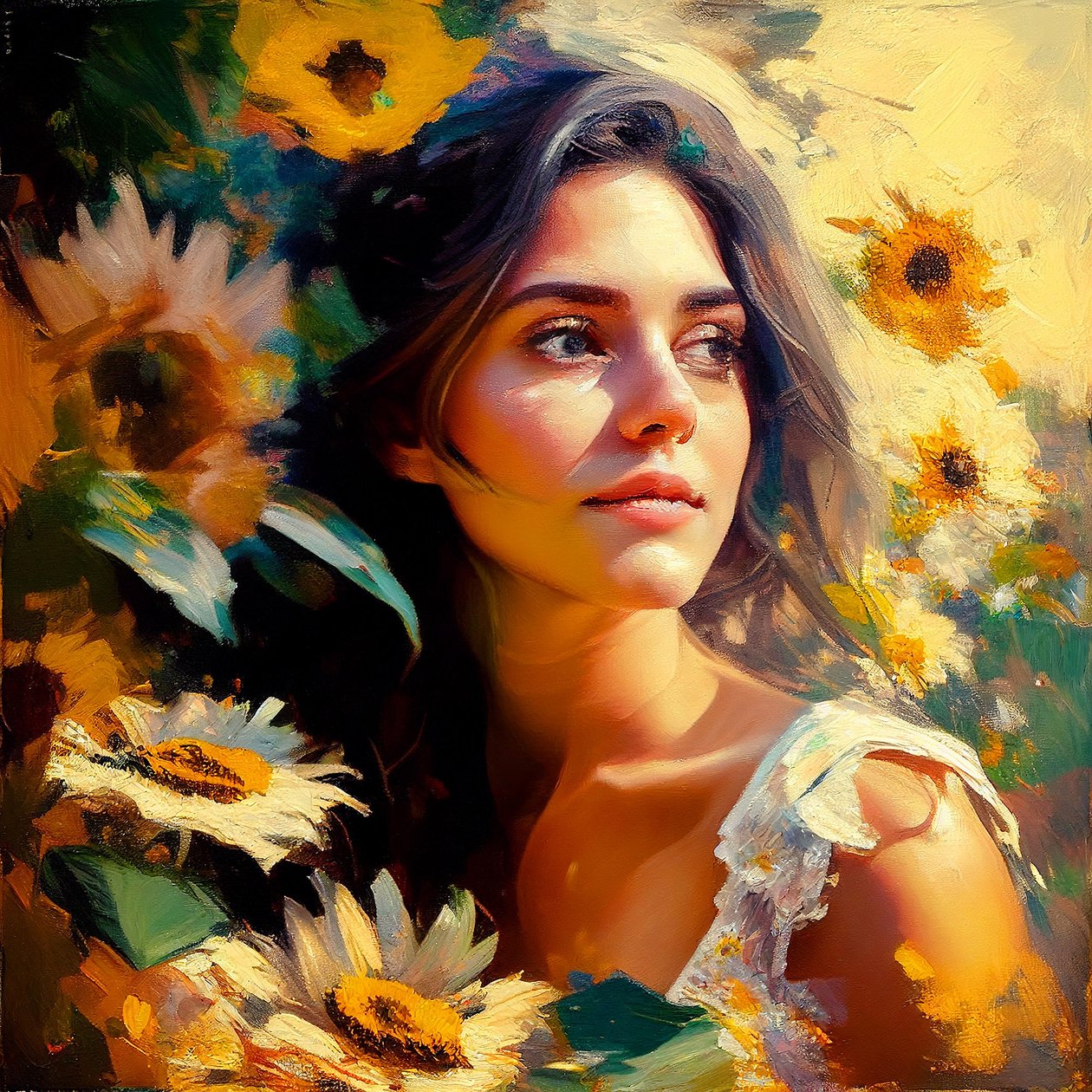 Una hermosa chica en la naturaleza, rodeada de girasoles, Pintura de Arte Wall Art | Impresiones en Lienzo de F. Abderrahim
