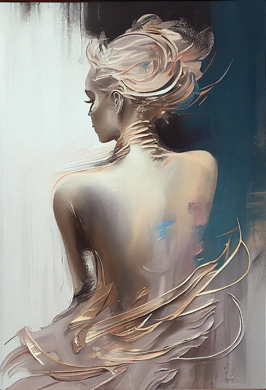 Mujer vestida sentada vista desde atrás, Silueta Pintura de F. Abderrahim