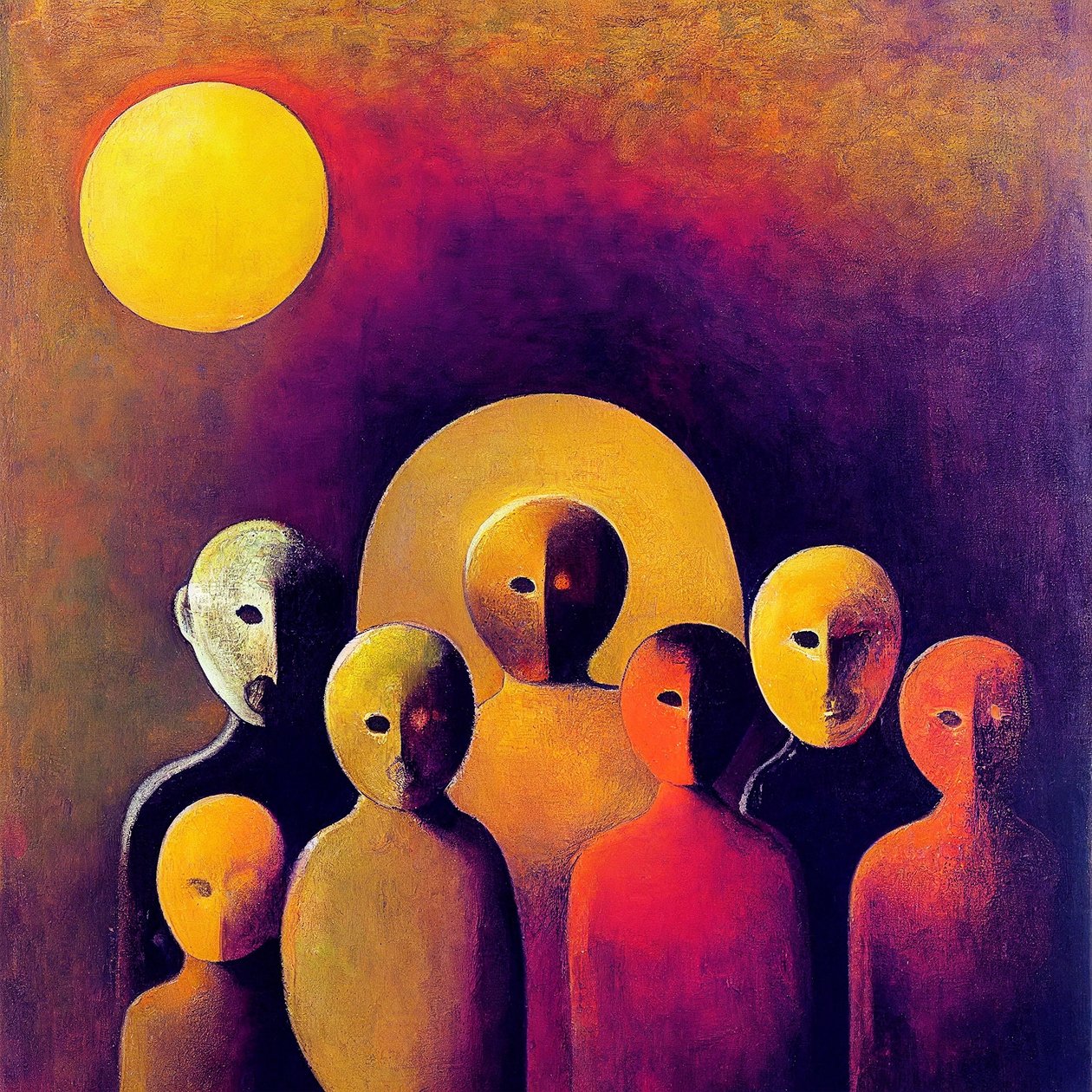 Multitud abstracta con rostros expresivos, arte figurativo surrealista de F. Abderrahim