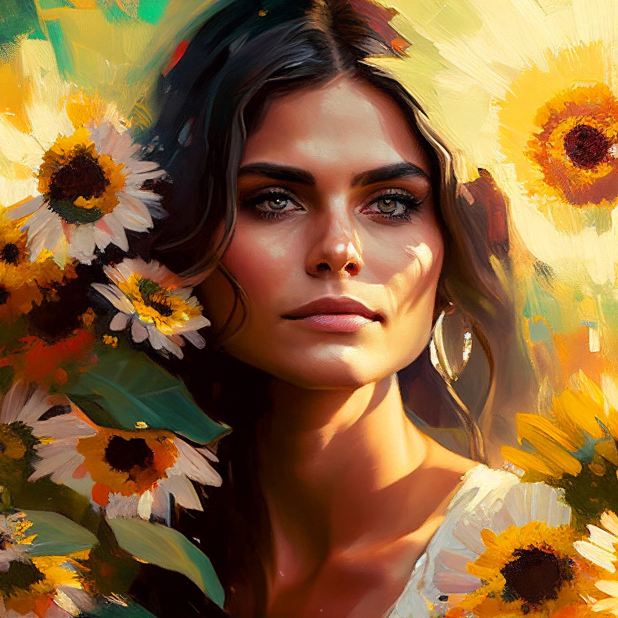 Retrato abstracto de una hermosa mujer mexicana y girasoles, Wall Art | Impresiones en lienzo de F. Abderrahim