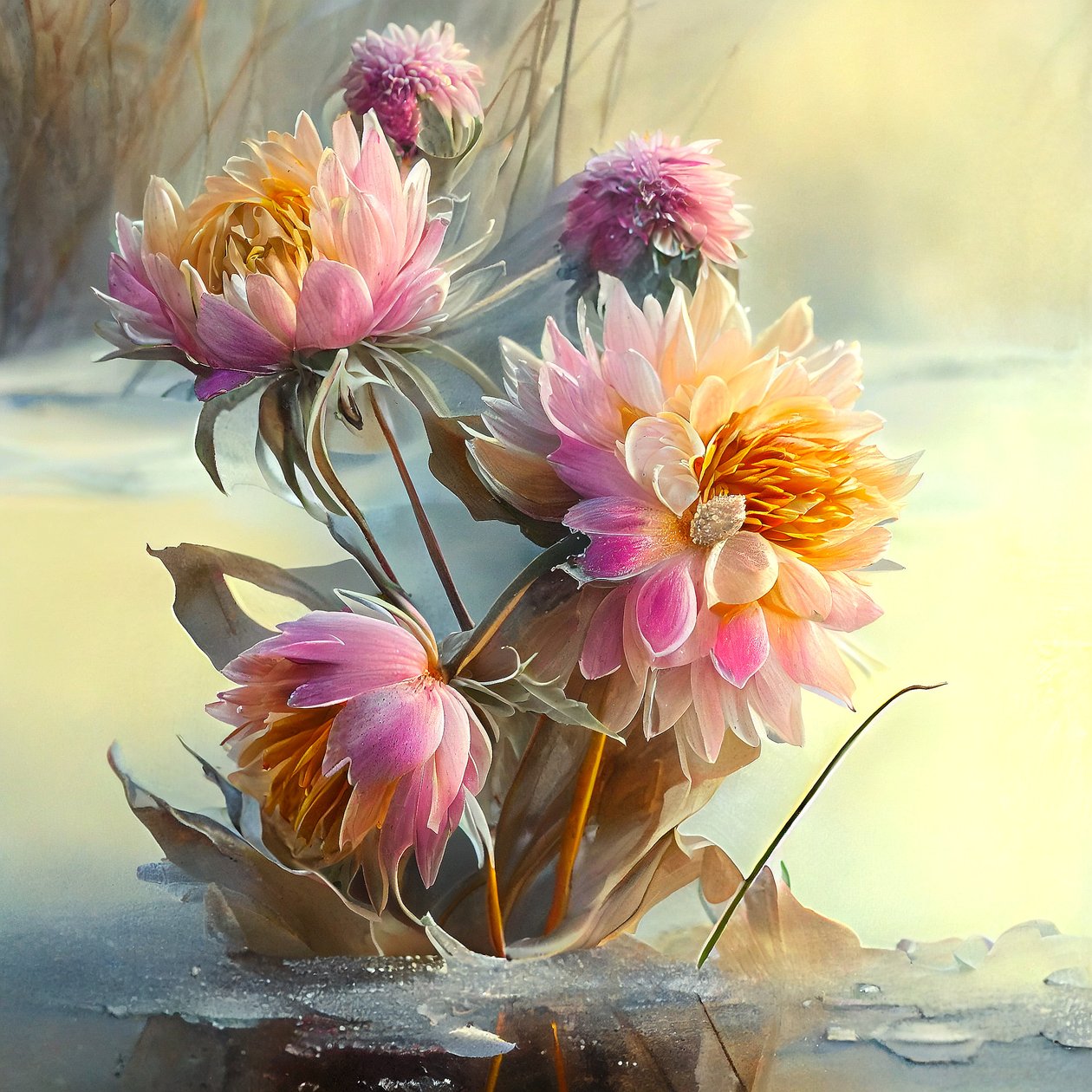 Flores abstractas de dalias rosas y amarillas dobladas por un viento helado, Impresiones artísticas de F. Abderrahim