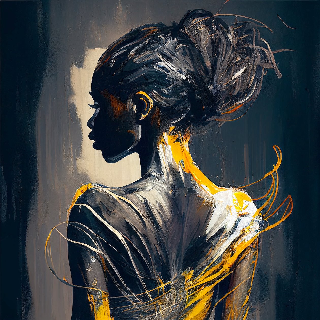 Mujer africana vista desde atrás pintura al óleo abstracta, pared Impresión de arte de F. Abderrahim