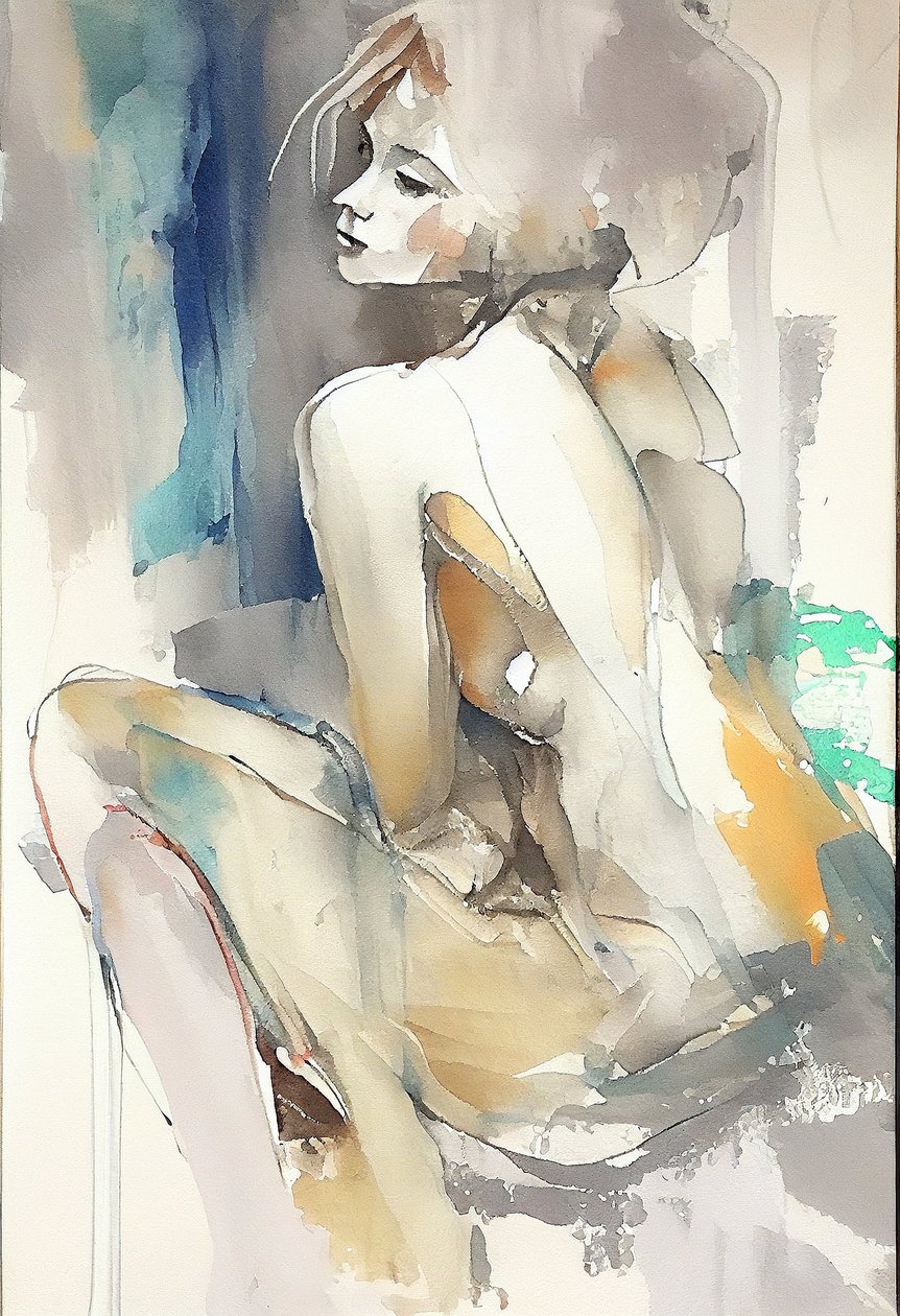 Hermosa mujer sentada, Acuarela pintura, pared Arte impresión bajo demanda de F. Abderrahim