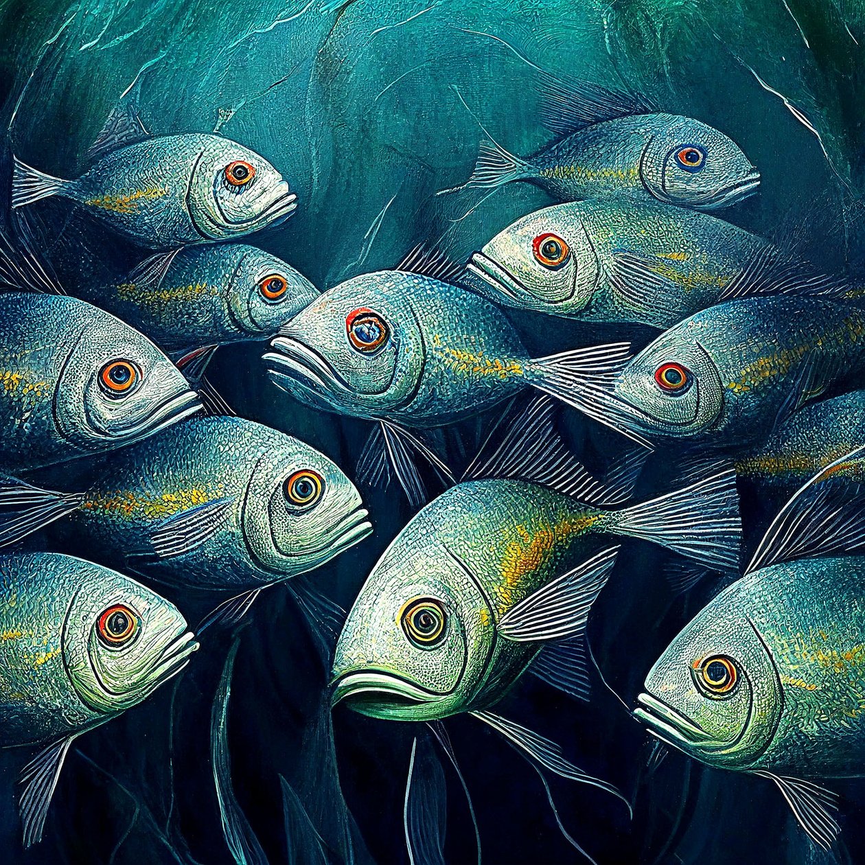 Lienzo peces en el agua del océano, Pintura abstracta de F. Abderrahim