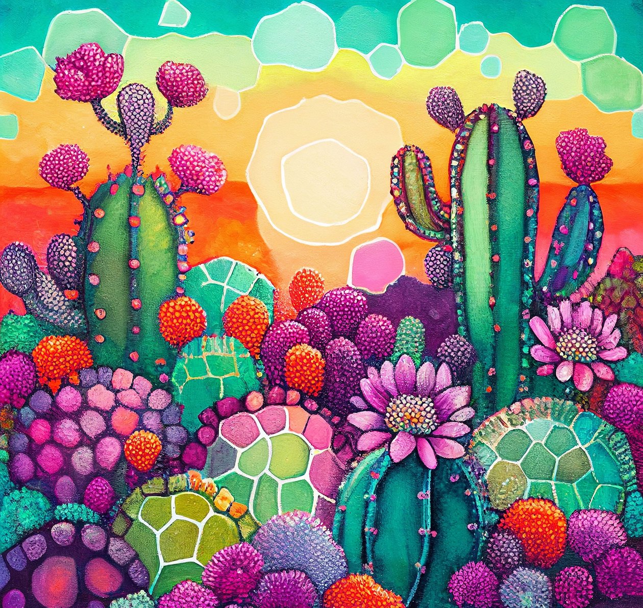 Desert Bloom: colorido cuadro abstracto de una puesta de sol sobre mesetas de cactus de F. Abderrahim