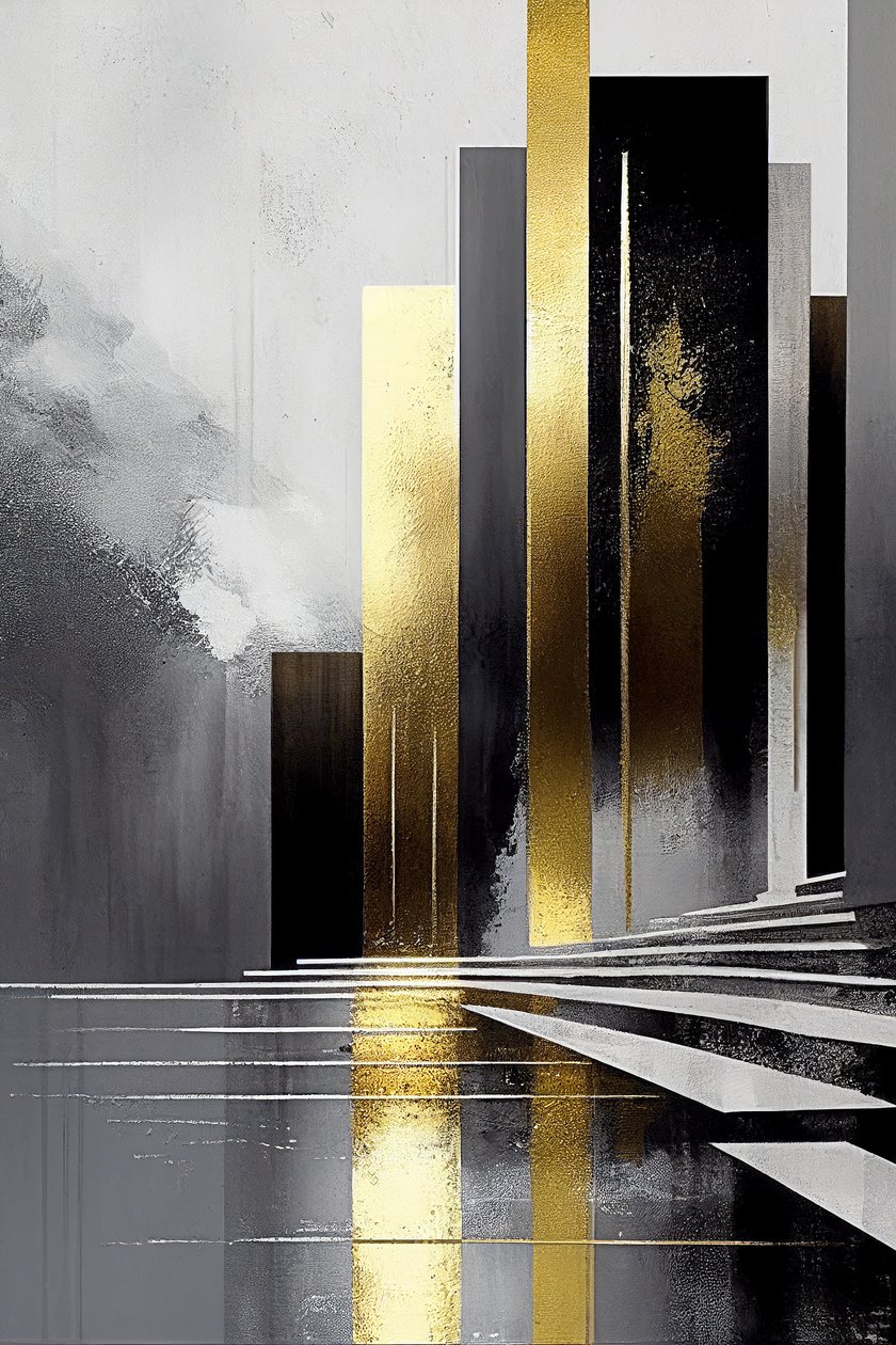 Minimale abstrakte Malerei Farbpalette aus Grau & Gold von F. Abderrahim