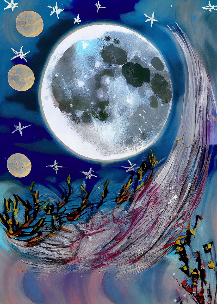  Luna en la noche Pintura abstracta sobre lienzo, impresiones de arte de la pared de F. Abderrahim