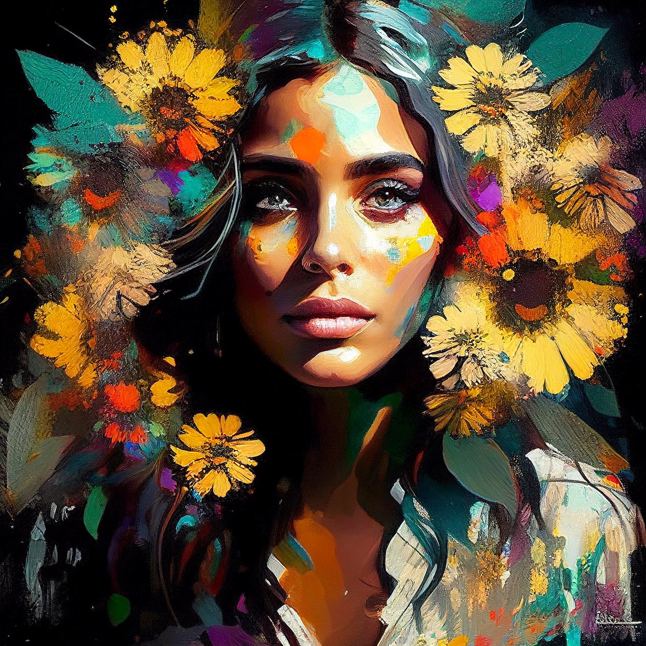 Belleza natural, niña mexicana rodeada de girasoles, impresión de Arte mural de F. Abderrahim
