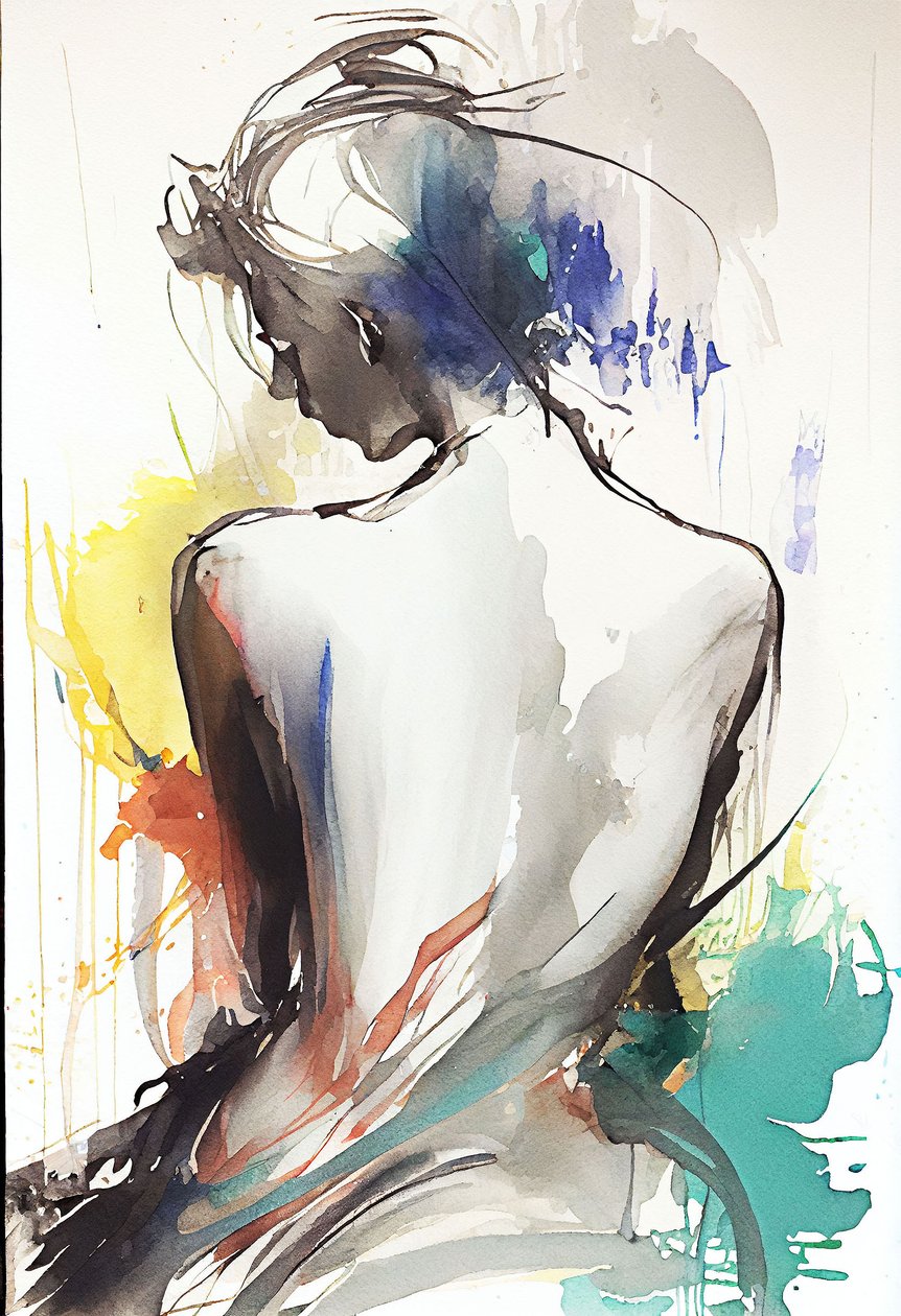 Dibujo en acuarela que retrata a una mujer sentada de espaldas hacia de F. Abderrahim