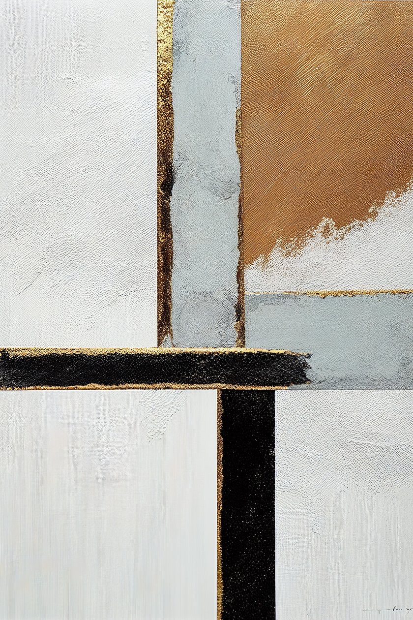 Blanco y negro, líneas abstractas doradas, Arte imprimible en lienzo de F. Abderrahim