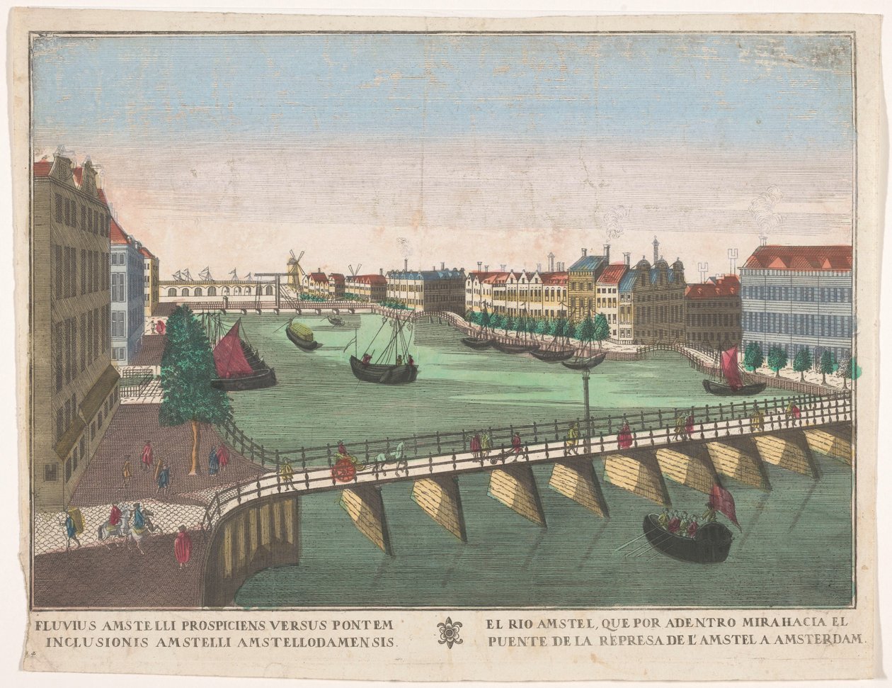 Vista del Binnen-Amstel entre el Blauwbrug y el Hogesluis en Amsterdam El rio Amstel, que por adentro mirahacia el puente de la represa de l
