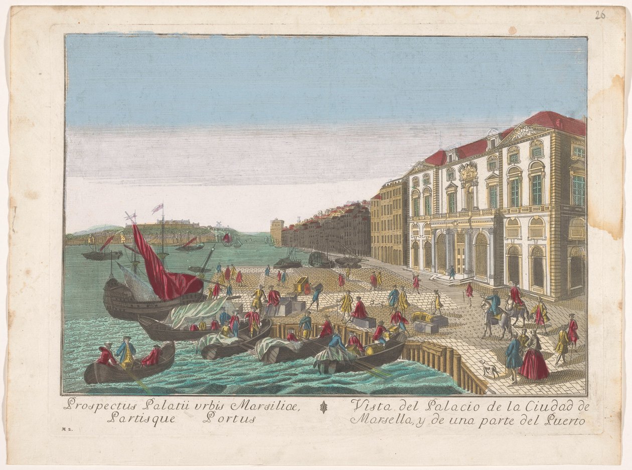 Gezicht op het Stadhuis en de haven te Marseille Vista del Palacio de la Ciudad de Marsella, y de una parte del puerto (title on object) de familie Remondini (attributed to)