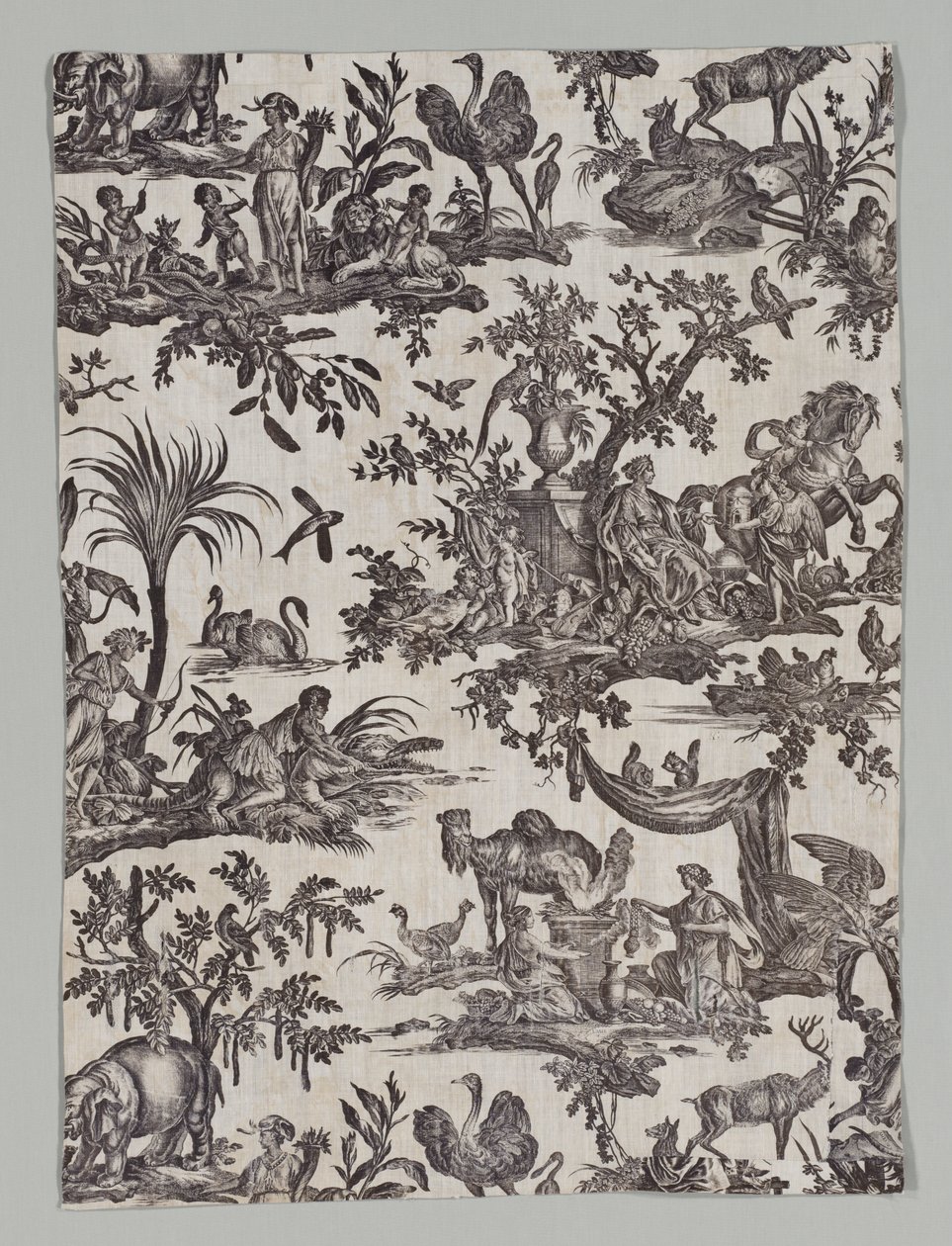 Fragmento de algodón impreso con diseño "Las cuatro partes del mundo" de firm of Christophe Philippe Oberkampf