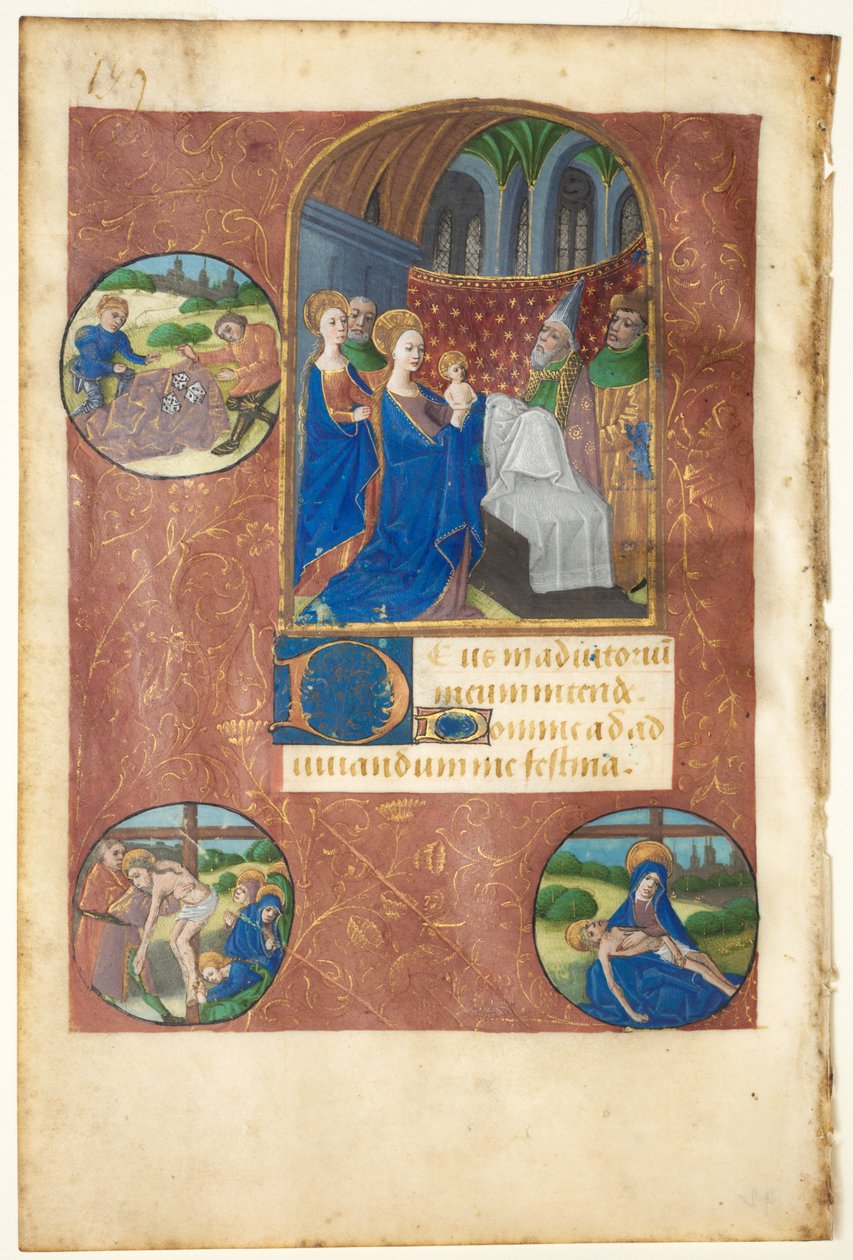 Leaf from a Book of Hours:  Presentation in the Temple with Roundels of the Casting of Lots, the Deposition, and Pietà (None, Office of the Virgin) de follower of Master of Adélaïde de Savoie
