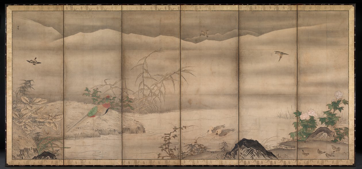 Aves y flores en un paisaje de las cuatro estaciones de follower of Sesshū Tōyō