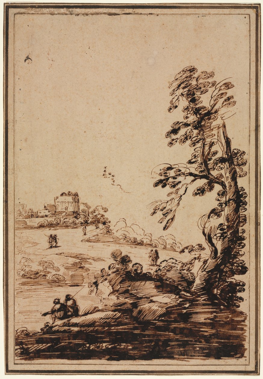 Paisaje con pequeño grupo de edificios de imitator of Guercino