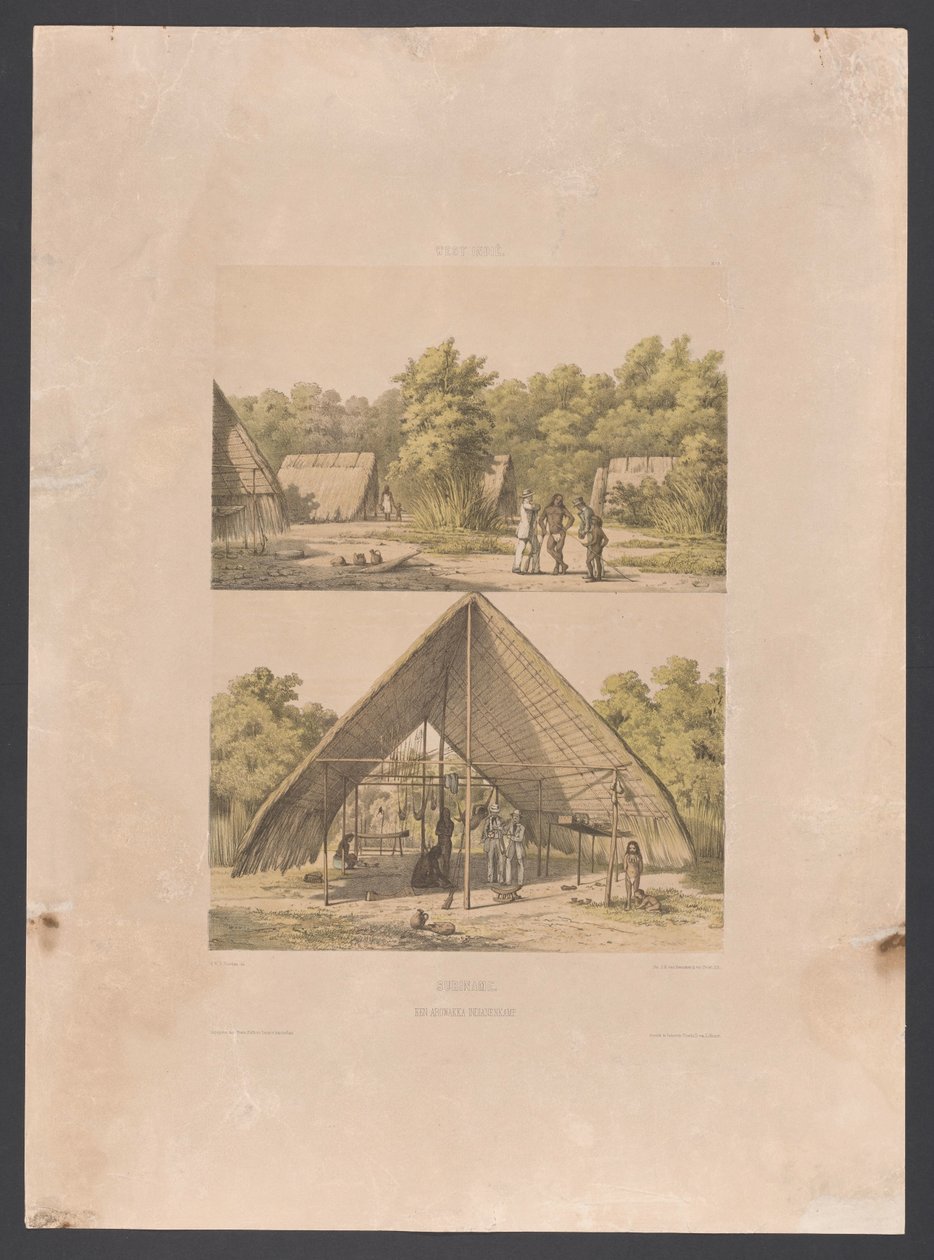 Campamento Arowak en Surinam Surinam. Un campamento indio Arowakka (título sobre el objeto) West Indies (título de la serie sobre el objeto) Vistas desde las Indias Occidentales de los Países Bajos (título de la serie) de jonkheer Jacob Eduard van Heemskerck