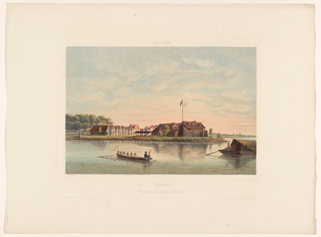 Fuerte Zeelandia en Paramaribo Surinam. Vista de Fort Zelandia en Paramaribo (título sobre objeto) de jonkheer Jacob Eduard van Heemskerck