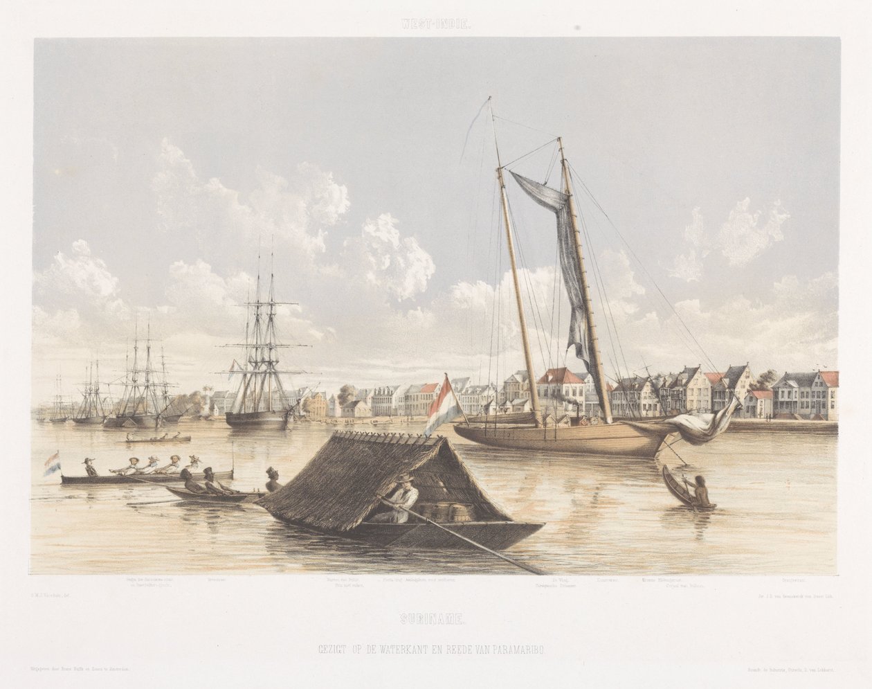 Vista del paseo marítimo y la rada de Paramaribo Vistas desde las Indias Occidentales de los Países Bajos (título de la serie) de jonkheer Jacob Eduard van Heemskerck
