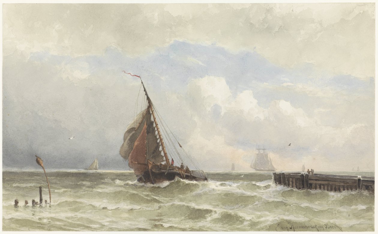 Puerto de Flushing, con barco de vela entrante de jonkheer Jacob Eduard van Heemskerck