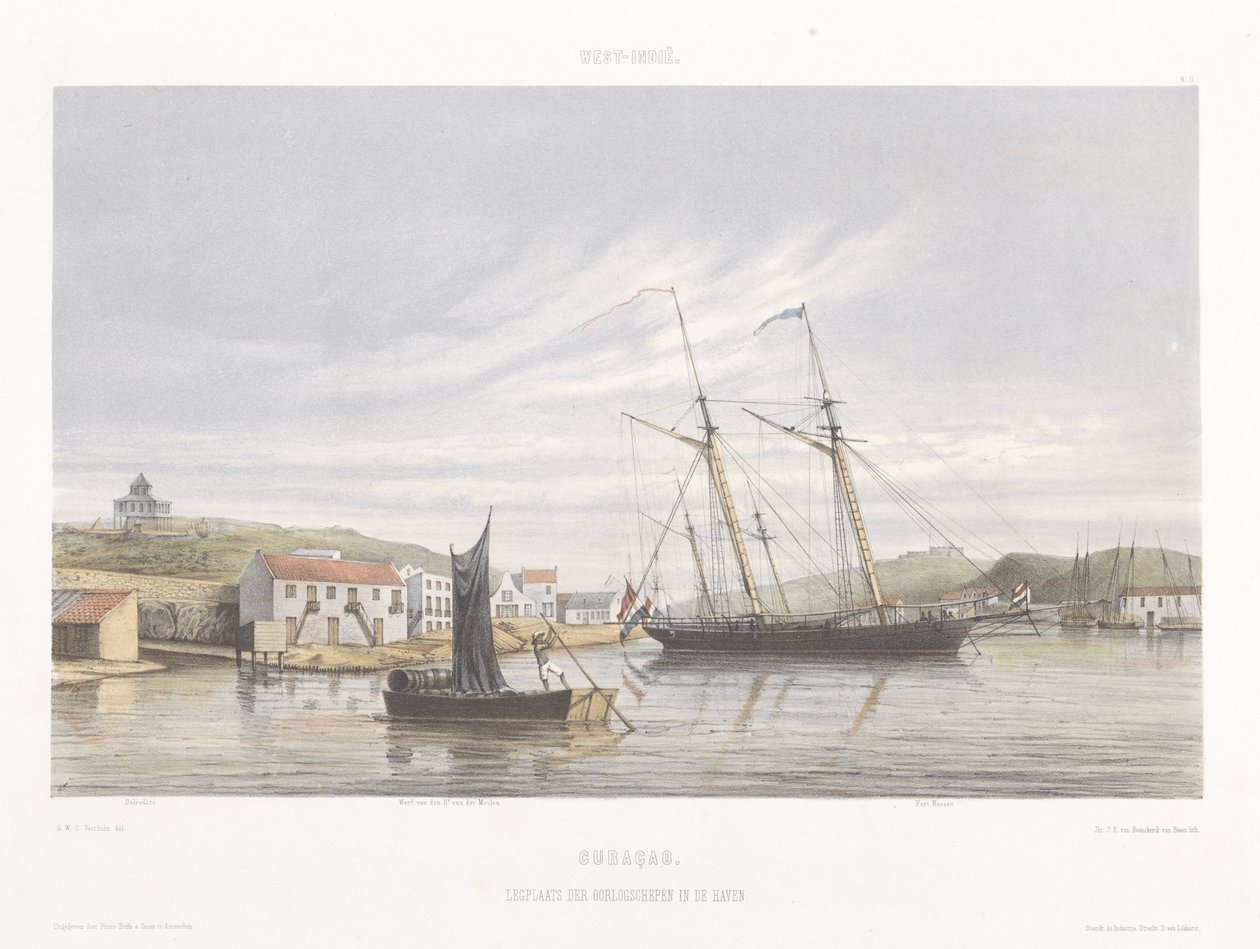 Muelle para buques de guerra en el puerto de Curaçao Vistas desde las Indias Occidentales de los Países Bajos (título de la serie) de jonkheer Jacob Eduard van Heemskerck