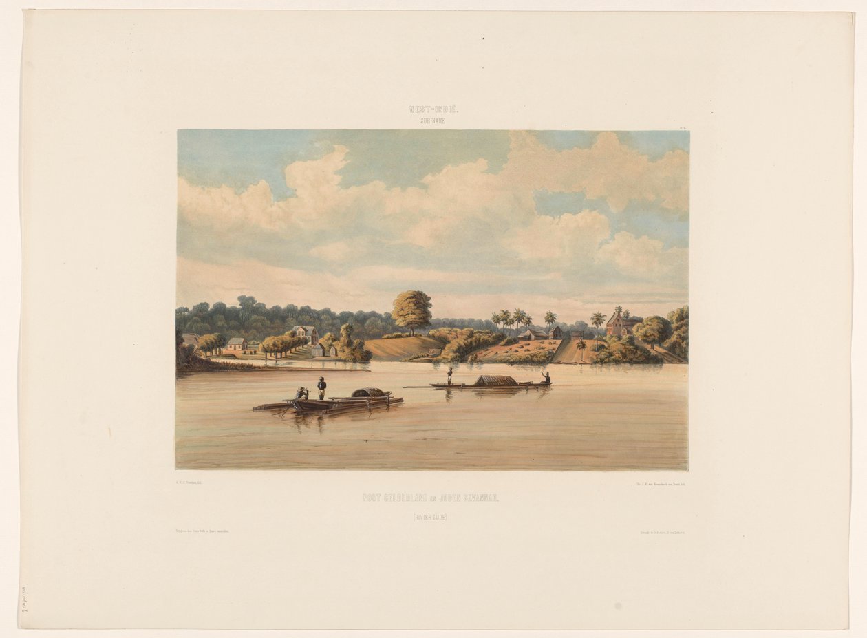 Post Gelderland y Joden Savannah (lado del río) (título sobre el objeto) de jonkheer Jacob Eduard van Heemskerck
