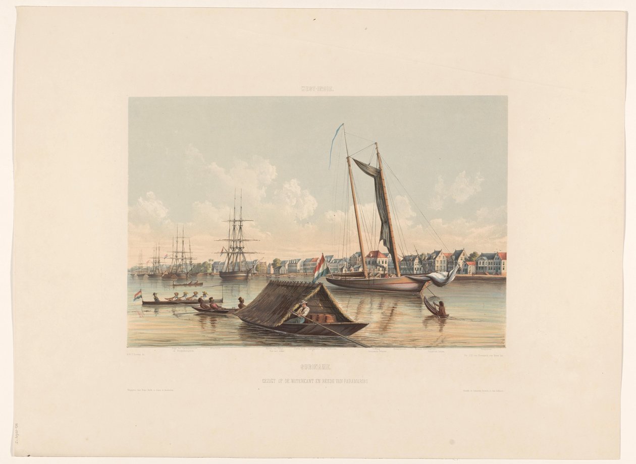 Costanera y rada en Paramaribo Surinam. Vista de Waterkant y Roadstead de Paramaribo (título sobre objeto) de jonkheer Jacob Eduard van Heemskerck