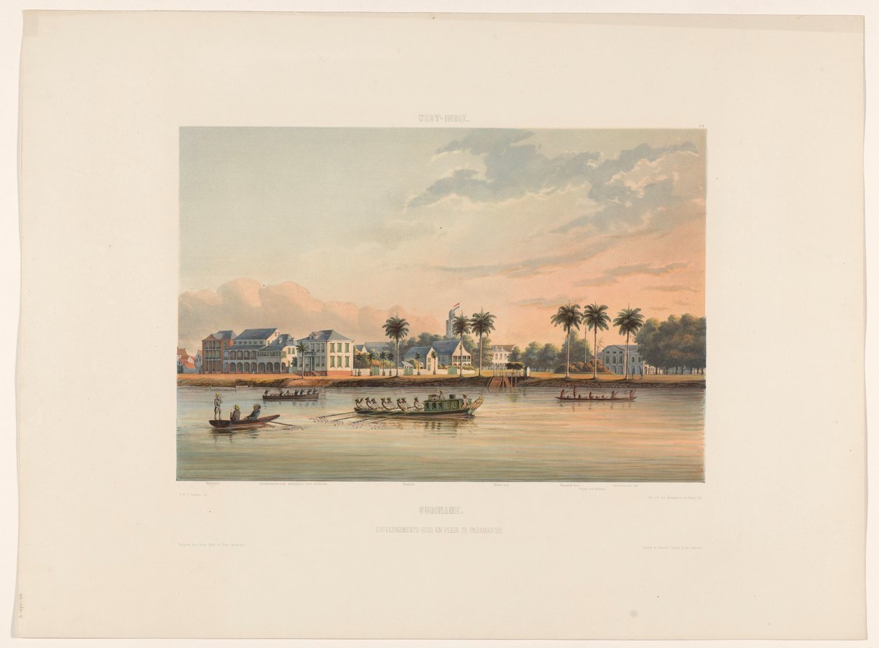 Frente al mar con la Casa del Gobernador en Paramaribo Surinam. Casa de gobierno y plaza en Paramaribo (título sobre objeto) de jonkheer Jacob Eduard van Heemskerck