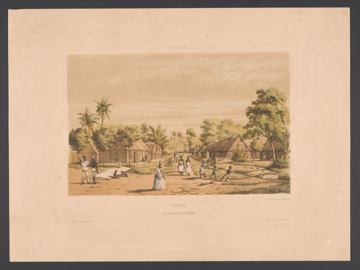 Hogares de personas esclavizadas en una plantación de Surinam Surinam. Un campamento de esclavos en una plantación (título sobre el objeto) West Indies (título de la serie sobre el objeto) Vistas desde las Indias Occidentales de los Países Bajos (título de de jonkheer Jacob Eduard van Heemskerck