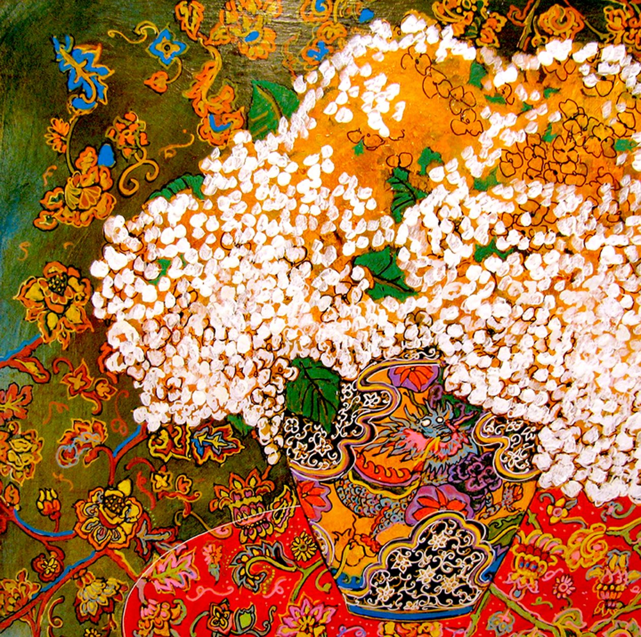 Flores en jarrón chino, 2016 (mixta, acrílico, tinta, óleo) de linda arthurs