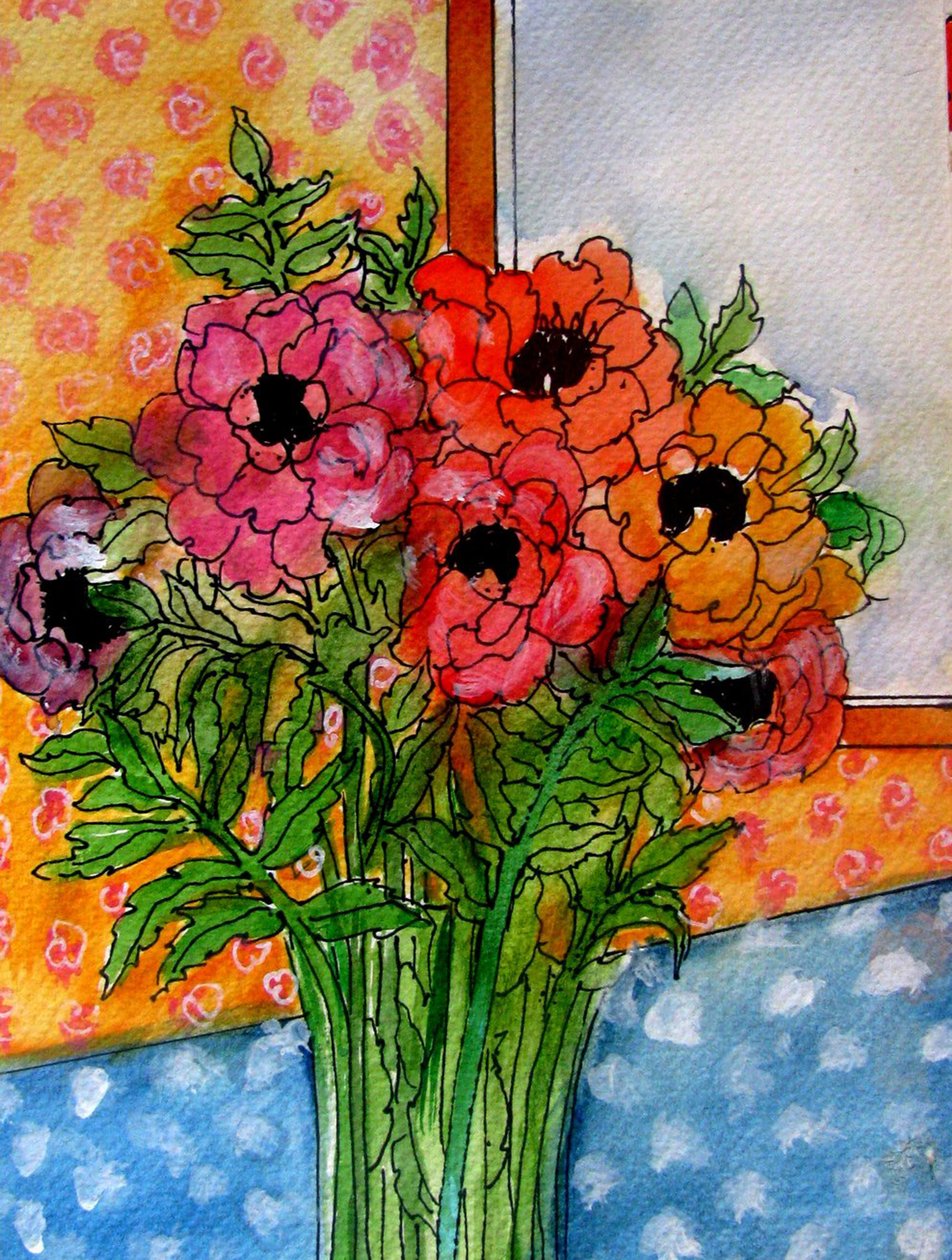 Flores en jarrón, 2014 (acuarela, tinta) de linda arthurs