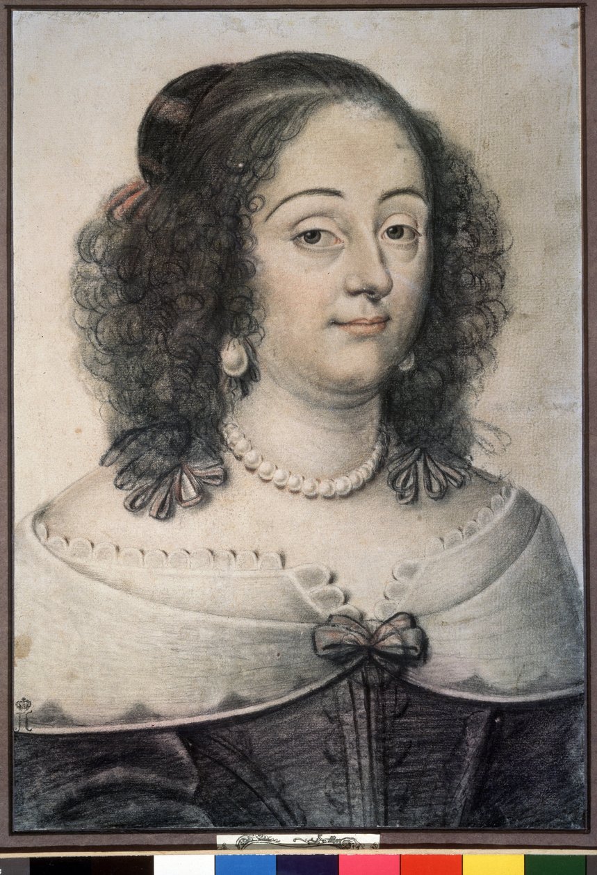 ""Retrato de una mujer"" Esta es probablemente la reina de Inglaterra Henriette Marie (1609-1669). Dibujo de tiza por Daniel Dumoustier (o Dumonstier) (1574-1646) 1640 Museo Pushkin, Moscú de or Dumoustier Daniel Dumonstier