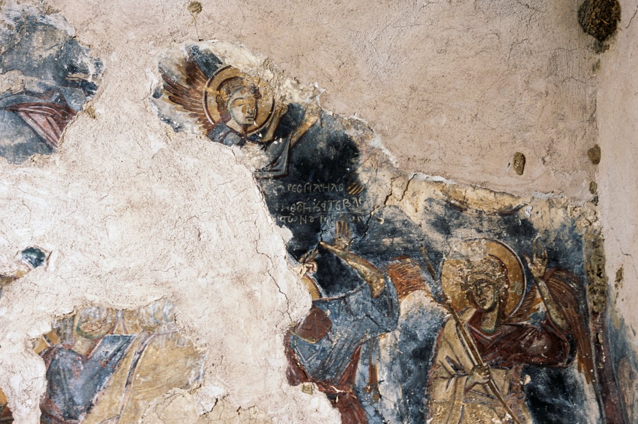 Ángel y santo, detalle del fresco en la iglesia de Agios Georgios Apodoulou, Apodoulou, Creta, Grecia de Theodore Charles Ange Coquelin