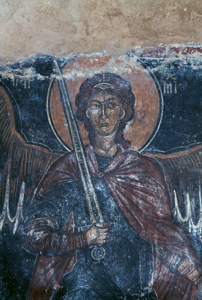 Ángel con espada, fresco en la iglesia bizantina de San Jorge, Komitades, Creta, Grecia de Theodore Charles Ange Coquelin