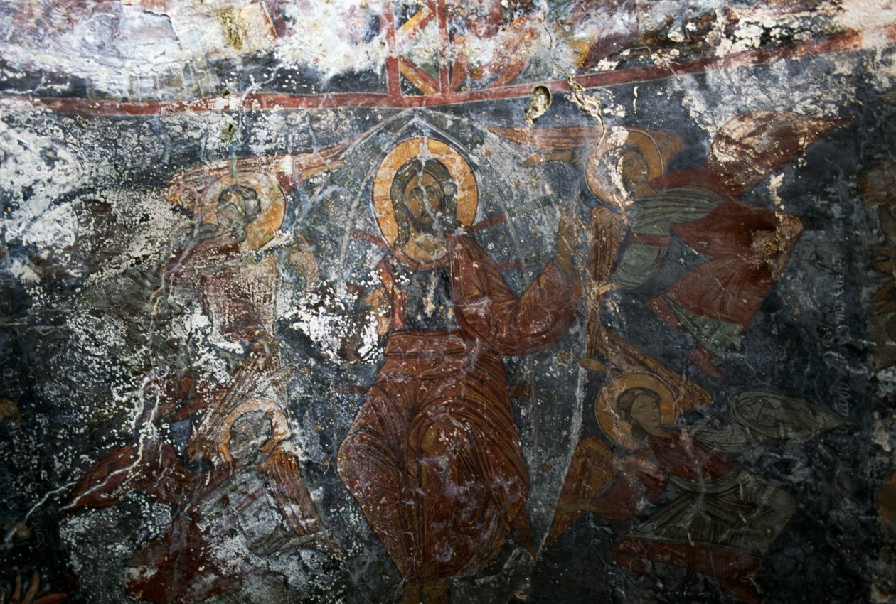 Cristo con ángeles y santo, fresco en la iglesia de Panagia, Kitiros, Creta, Grecia de Theodore Charles Ange Coquelin