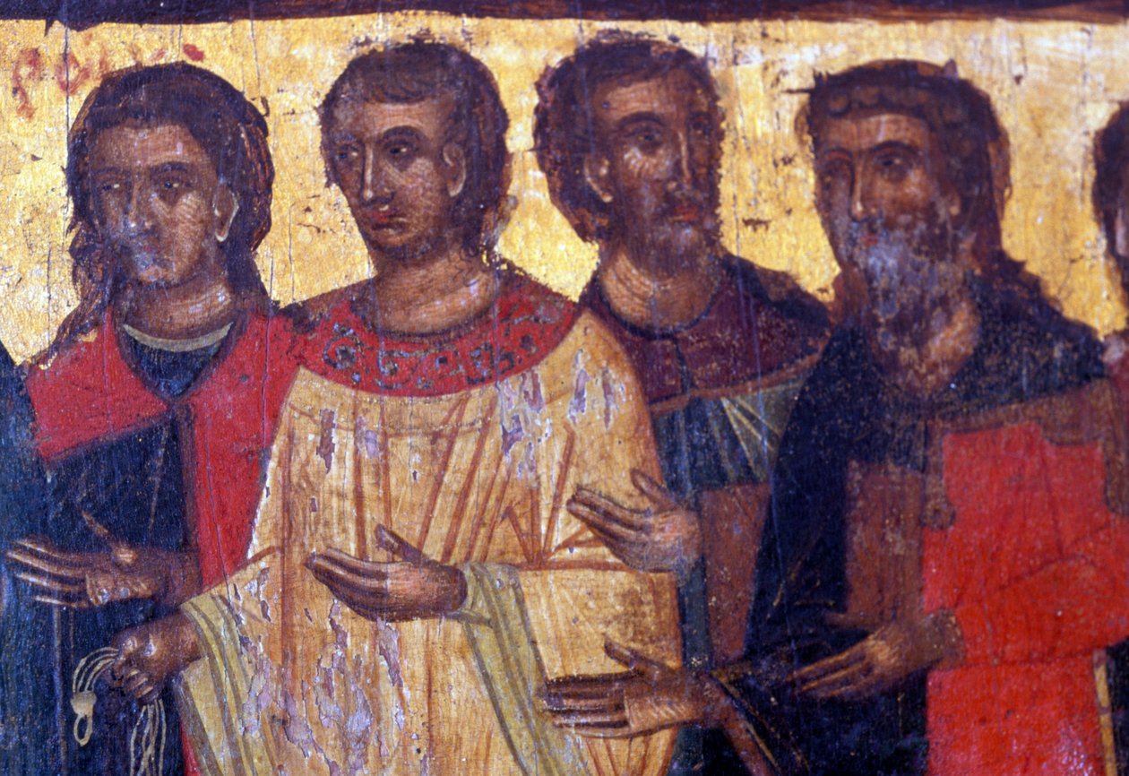 Figuras masculinas, panel de madera en la iglesia bizantina de Palea Roumata, Creta, Grecia de Theodore Charles Ange Coquelin